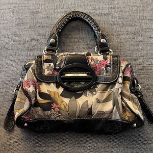 GUESS Floral Satchel in Black, Cream, Pink and Gold Accents